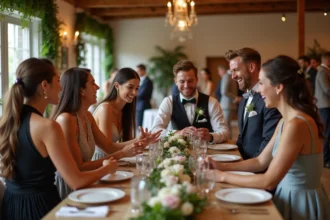 Groupe d'invites riant lors d'un jeu créatif de mariage