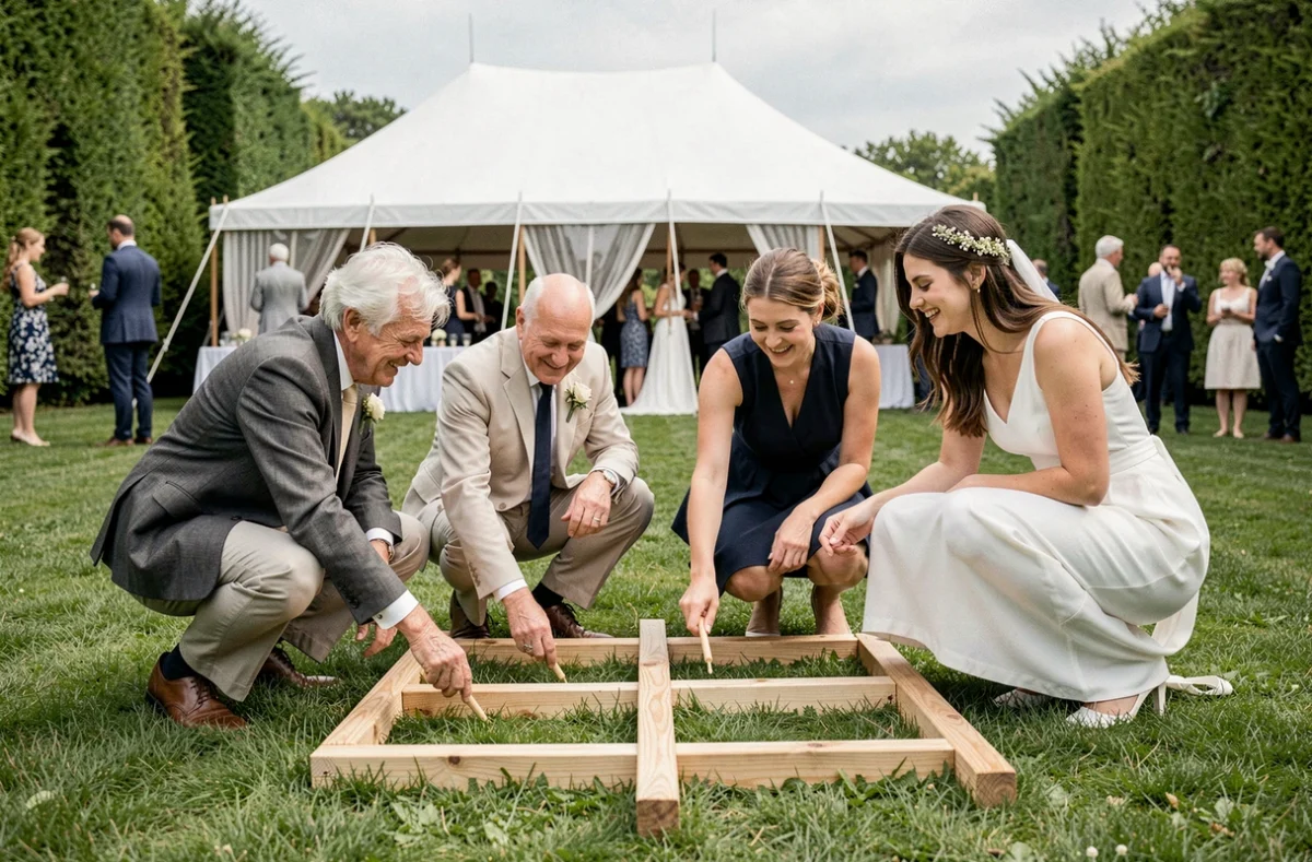 Deux générations d'invités de mariage jouant ensemble à un jeu de pelouse coopératif en bois dans un domaine champêtre