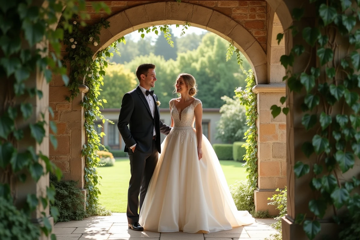 Jeune couple riant sous une arche dans un jardin fleuri