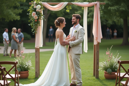 Jeune couple riant lors d'un mariage en extérieur avec arc fleuri