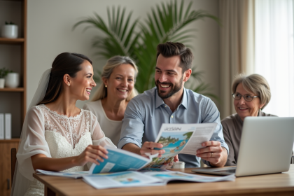 Jeune couple marié discutant de lune de miel avec parents