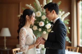 Jeune couple marié échangeant des alliances dans une salle élégante