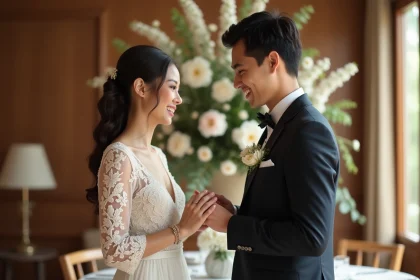 Jeune couple marié échangeant des alliances dans une salle élégante