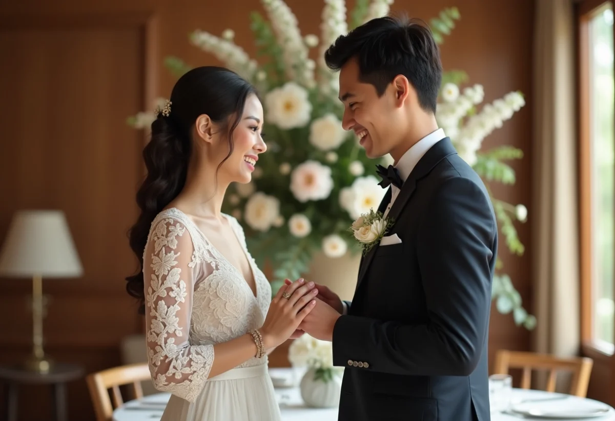 Jeune couple marié échangeant des alliances dans une salle élégante
