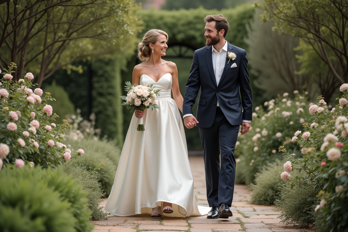 Jeune couple marié marchant dans un jardin fleuri