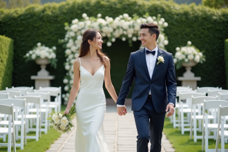 Jeune couple souriant lors d'une cérémonie en jardin