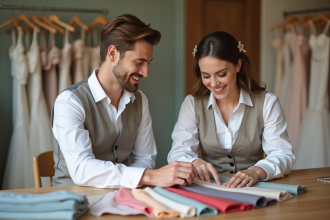 Jeune couple de mariés choisissant des tissus dans une boutique