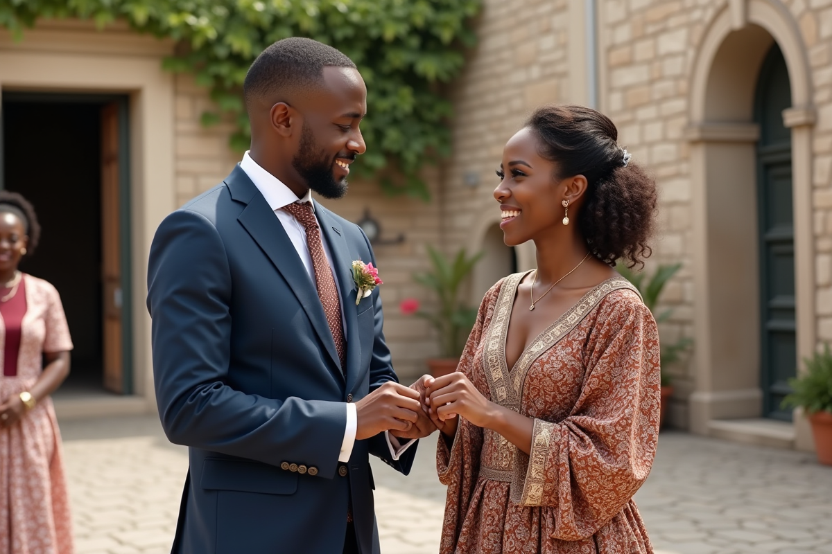 Jeune couple échangeant des anneaux devant la mairie du village