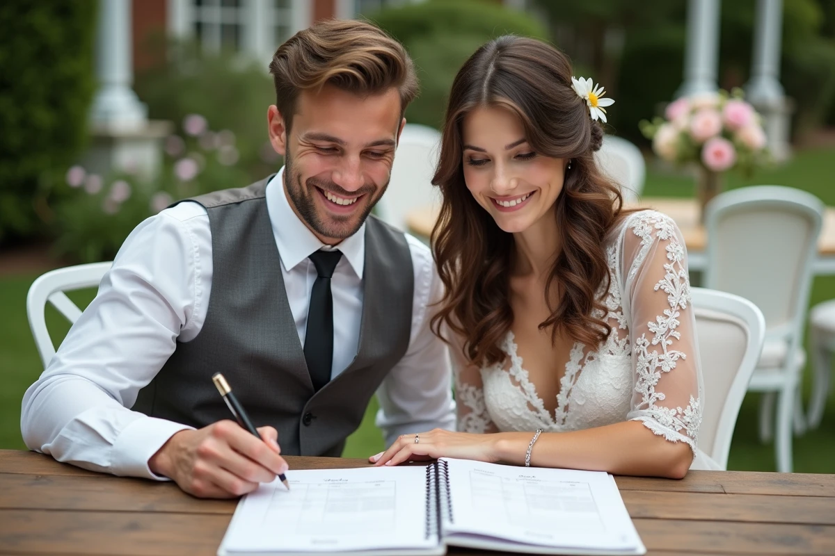 Jeune couple regardant leur budget de mariage