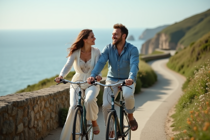 Jeune couple en voyage à vélo sur un chemin côtier