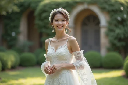 Jeune femme en robe de mariée dans un jardin élégant