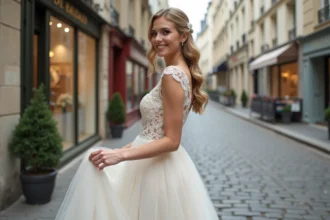 Jeune femme souriante en robe de mariée élégante à Paris