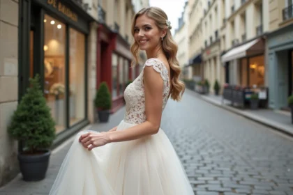 Jeune femme souriante en robe de mariée élégante à Paris