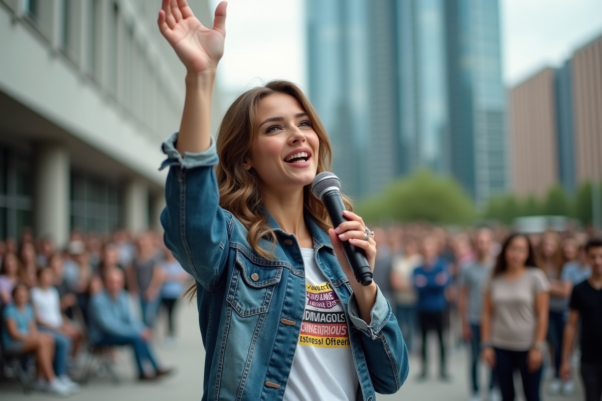 Jeune femme mc parlant dans un espace urbain extérieur