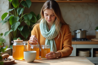 Jeune femme arrangeant des pots de miel dans une cuisine chaleureuse