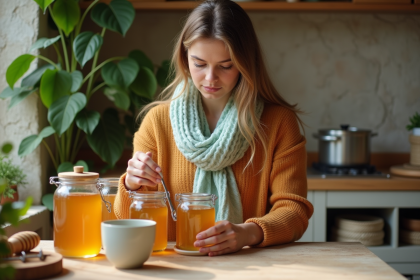 Jeune femme arrangeant des pots de miel dans une cuisine chaleureuse
