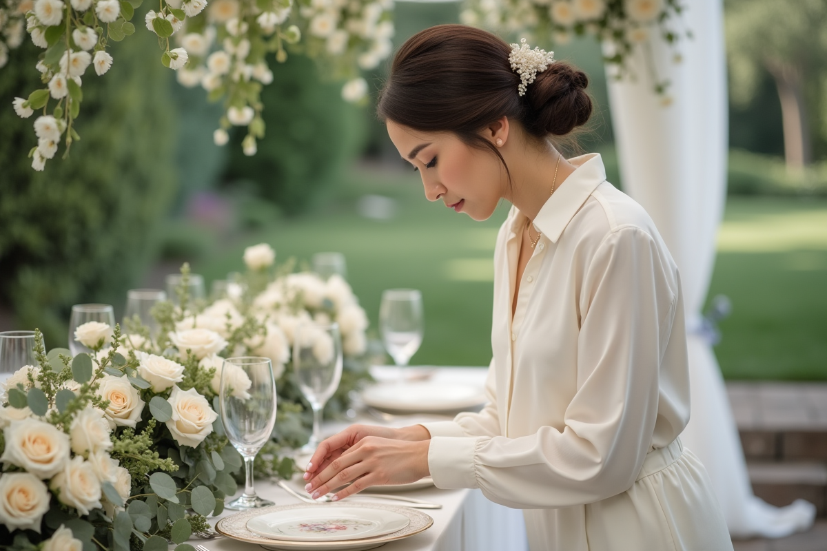Jeune femme disposant des assiettes sur une table de mariage