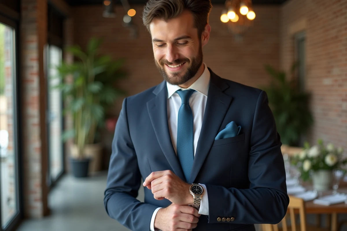 Jeune homme en costume ajusté ajustant ses manchettes