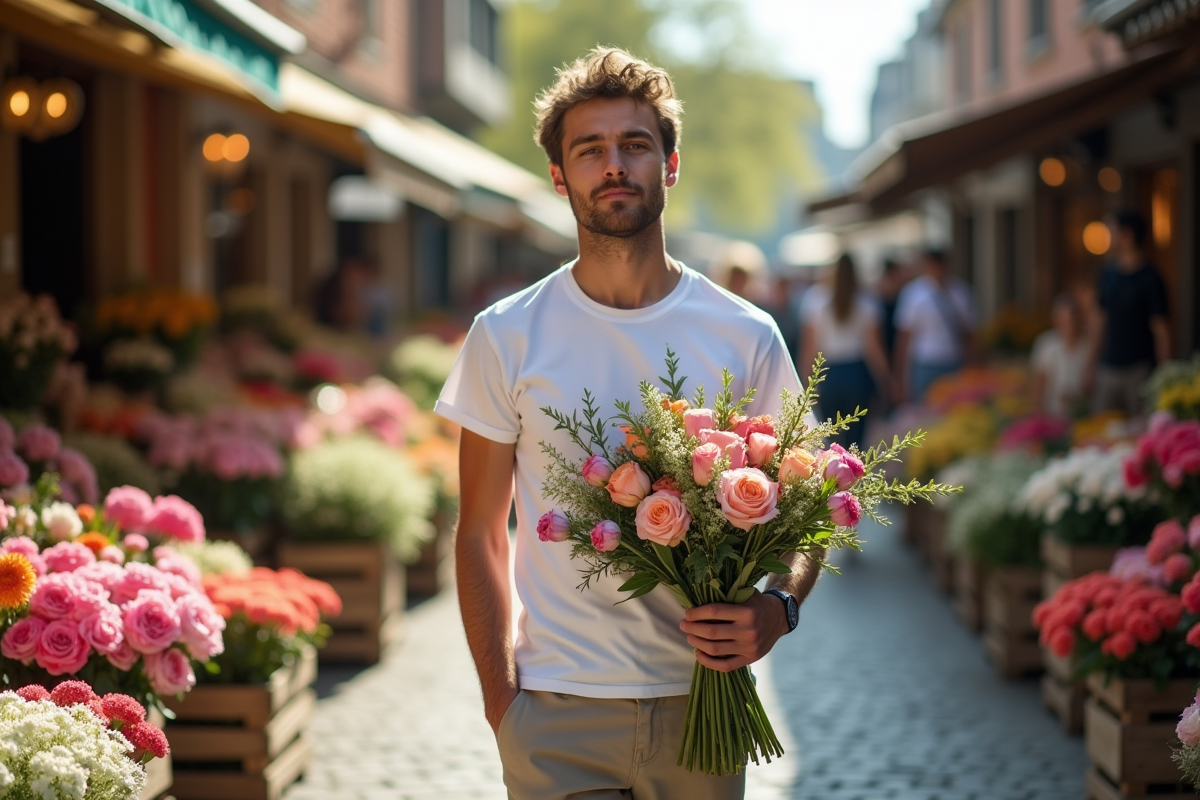Jeune homme portant un bouquet de fleurs dans un marché en plein air