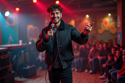 Jeune homme mc souriant sur scène de club avec micro