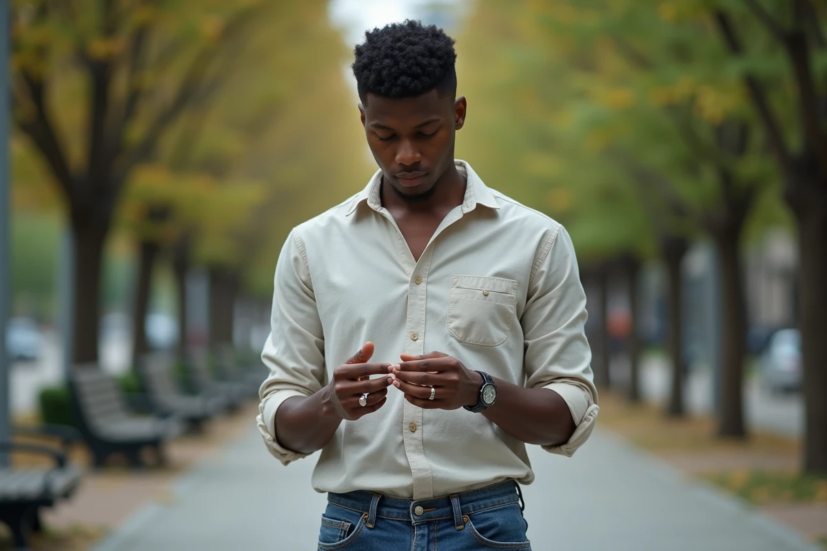 Jeune homme regardant ses anneaux dans un parc urbain