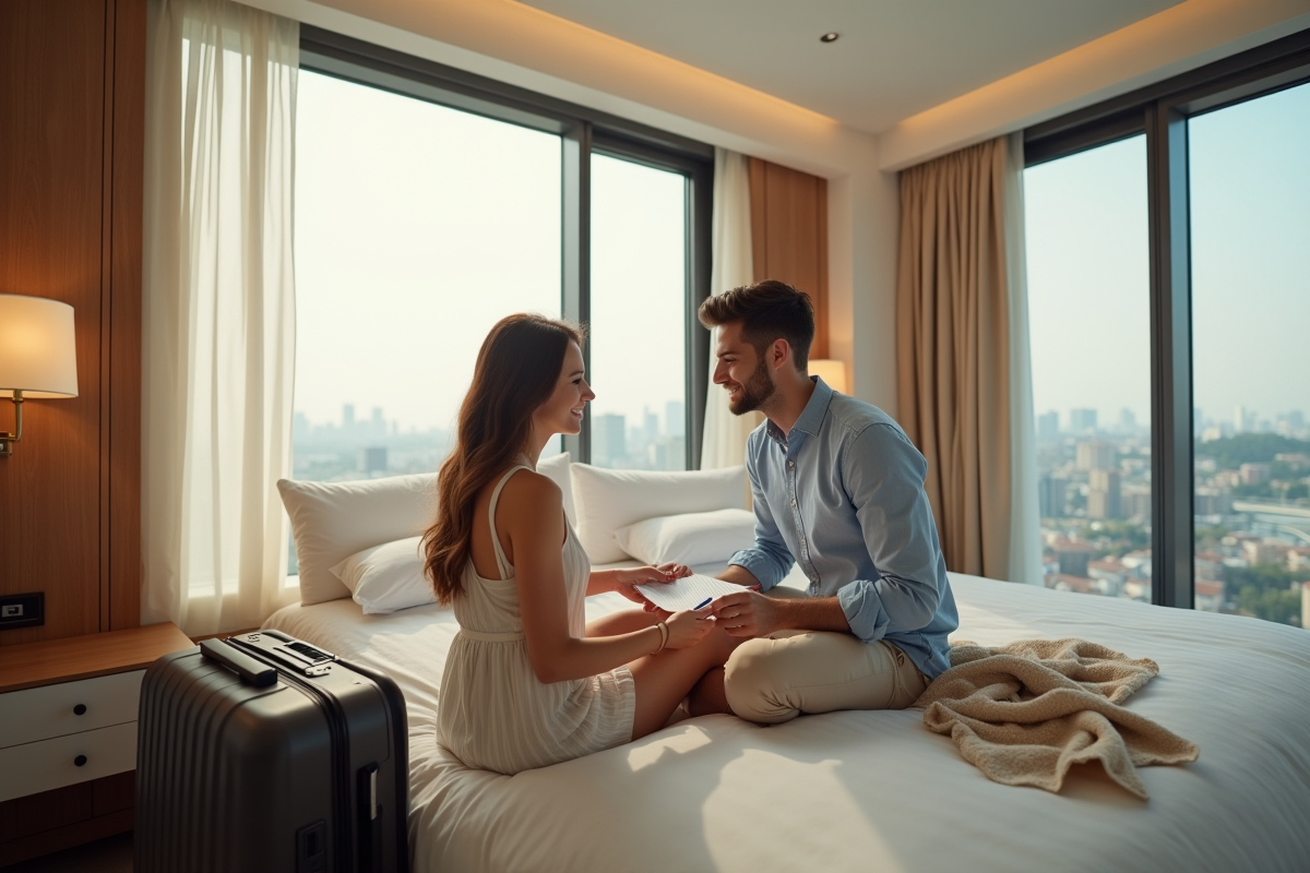 Couple marié planifiant leur voyage dans une chambre d