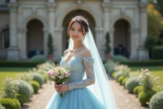 Jeune mariée en robe pastel bleue devant un manoir élégant