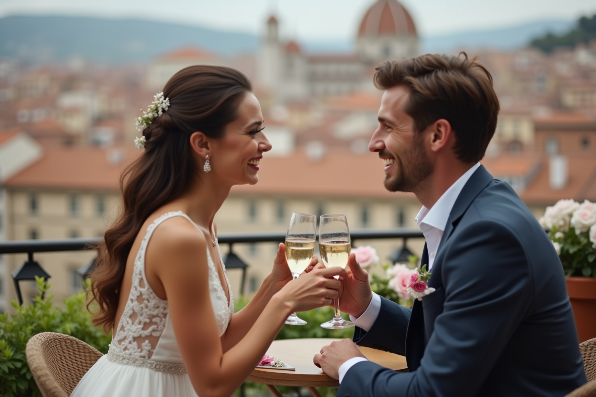 Jeune couple marié toastant en ville romantique