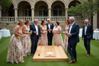 Groupe d'invités de mariage jouant à un jeu de plein air sur une terrasse décorée lors d'une réception estivale