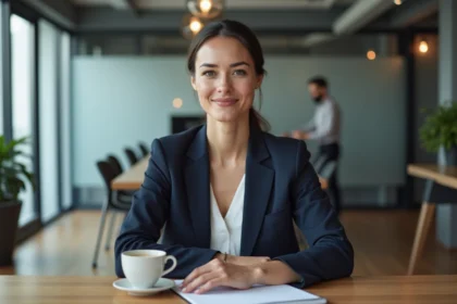 Journaliste femme discrète et élégante assise à son bureau dans un bureau éditorial moderne, expression sereine et professionnelle