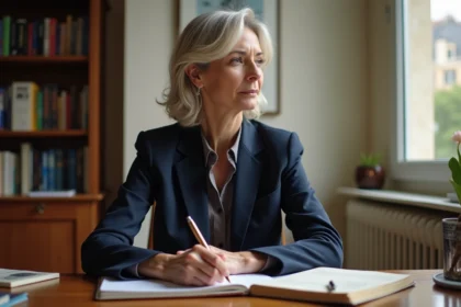 Portrait d'une journaliste française élégante assise à son bureau parisien, expression posée et professionnelle