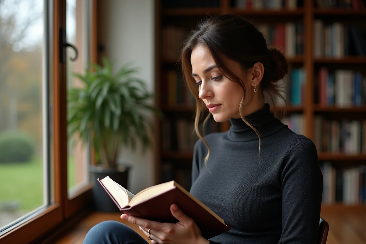 Journaliste mariée lisant dans une bibliothèque domestique chaleureuse, alliance visible, atmosphère intime et préservée