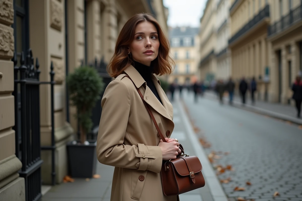 Femme journaliste discrète en manteau beige dans une rue parisienne pavée en automne, regard pensif et attitude réservée