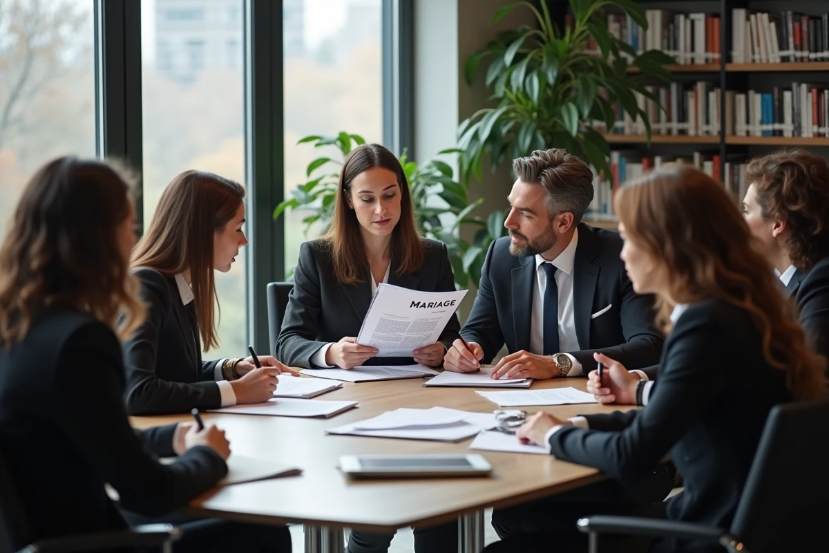 Journalistes en réunion avec dossier mariage dans un bureau moderne