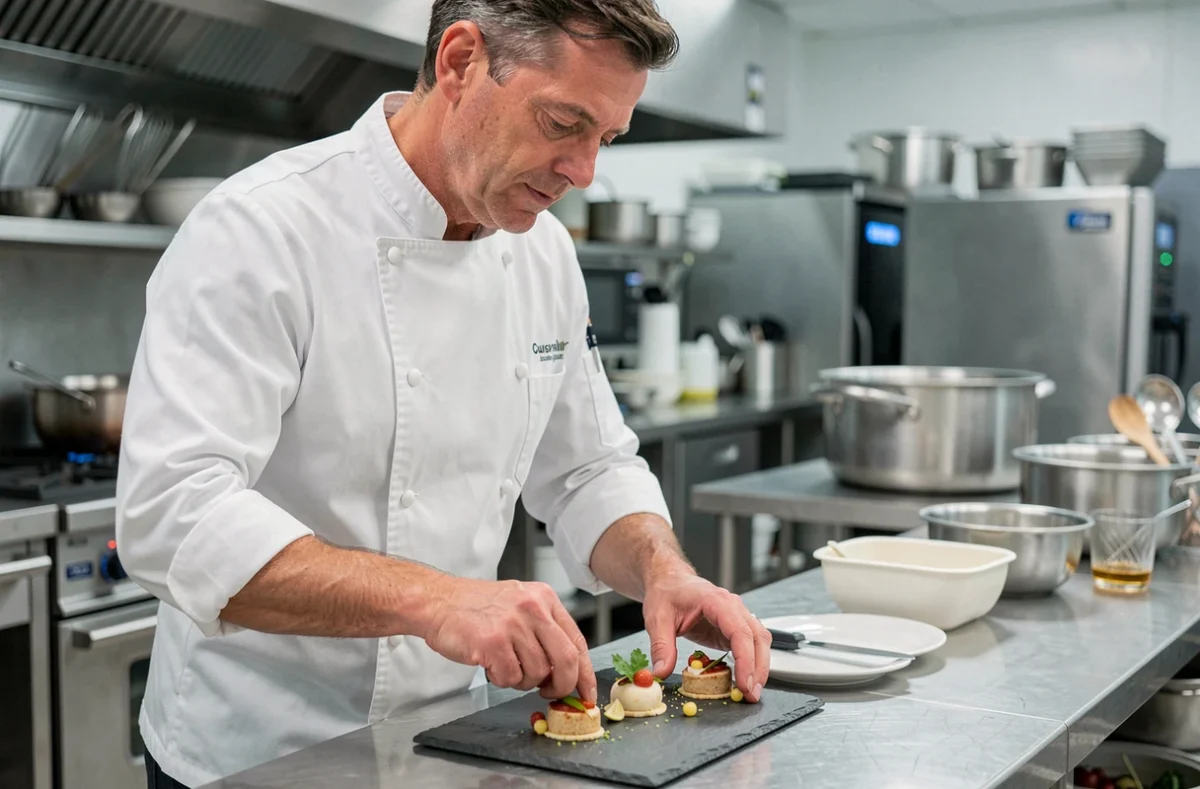 Chef traiteur Julien Dubois en train de dresser une assiette gastronomique dans une cuisine professionnelle