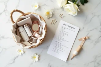 Kit de survie de la mariée à plat sur marbre blanc avec liste imprimée et accessoires essentiels pour le jour J