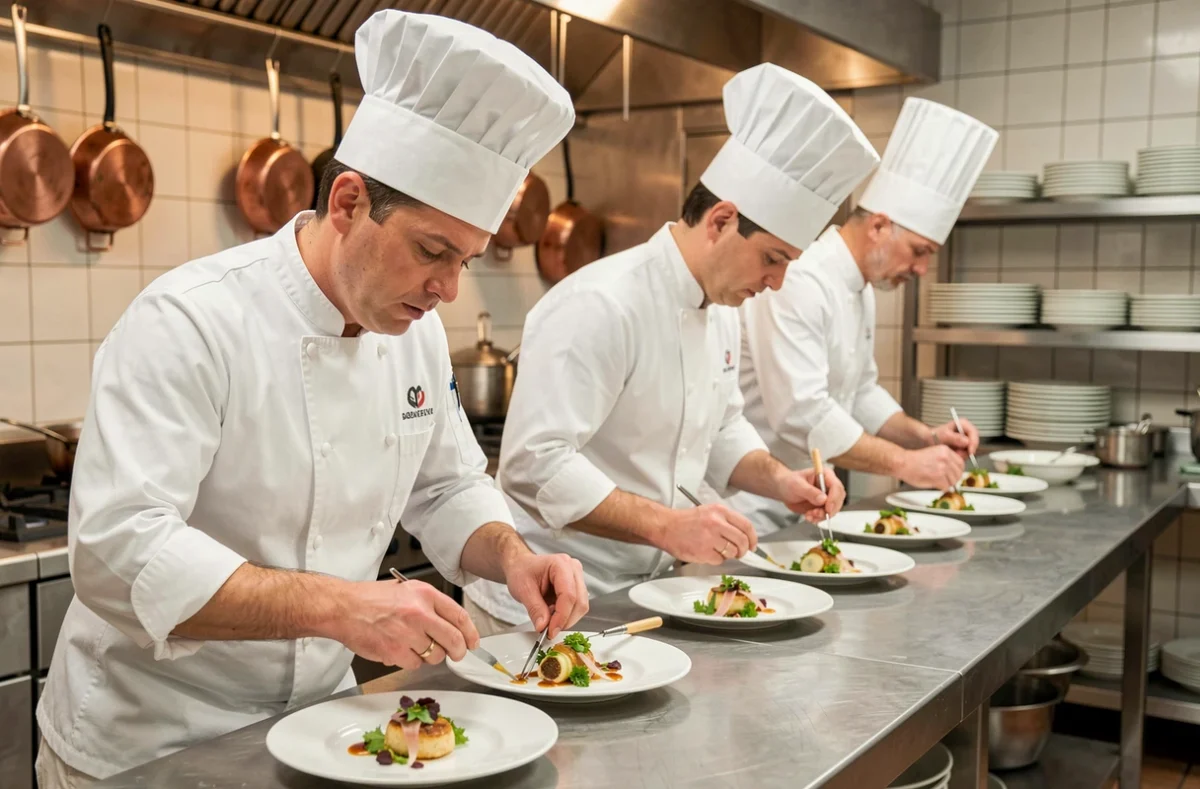 Brigade de traiteurs en cuisine professionnelle préparant des plats de mariage avec précision et travail d'équipe