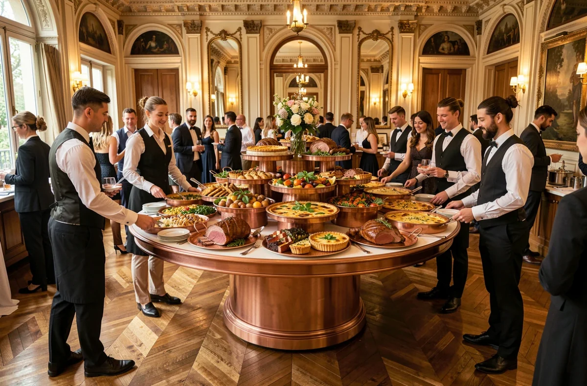 Buffet de mariage circulaire animé par le traiteur La Plaque Tournante dans une salle de réception élégante