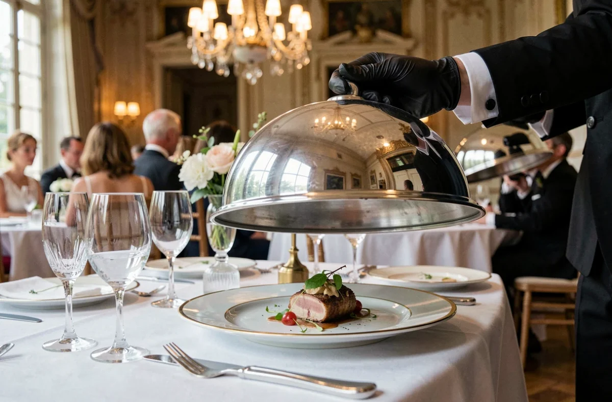 Serveur en gants blancs levant une cloche argentée sur un plat gastronomique lors d'un mariage au Chapon Fin Traiteur en Gironde