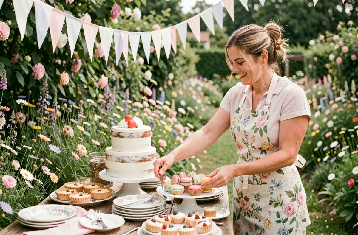 Traiteure du Jardin de Julie arrangeant une table de desserts en plein air avec tarte, macarons et naked cake dans un jardin girondin