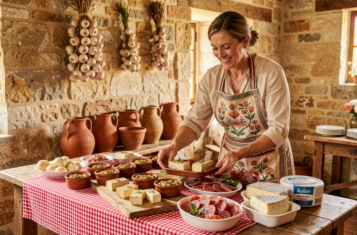 Table de mariage du traiteur Les Saveurs d'Aubin avec spécialités du Sud-Ouest dans un mas en pierre