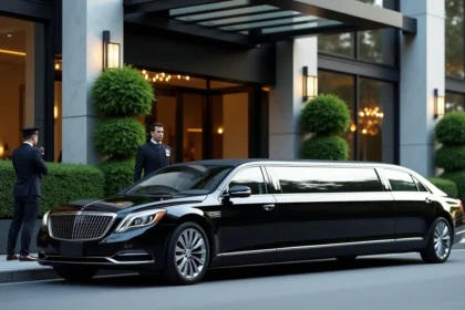 Limousine noire avec chauffeur devant un hôtel moderne pour une location pas chère