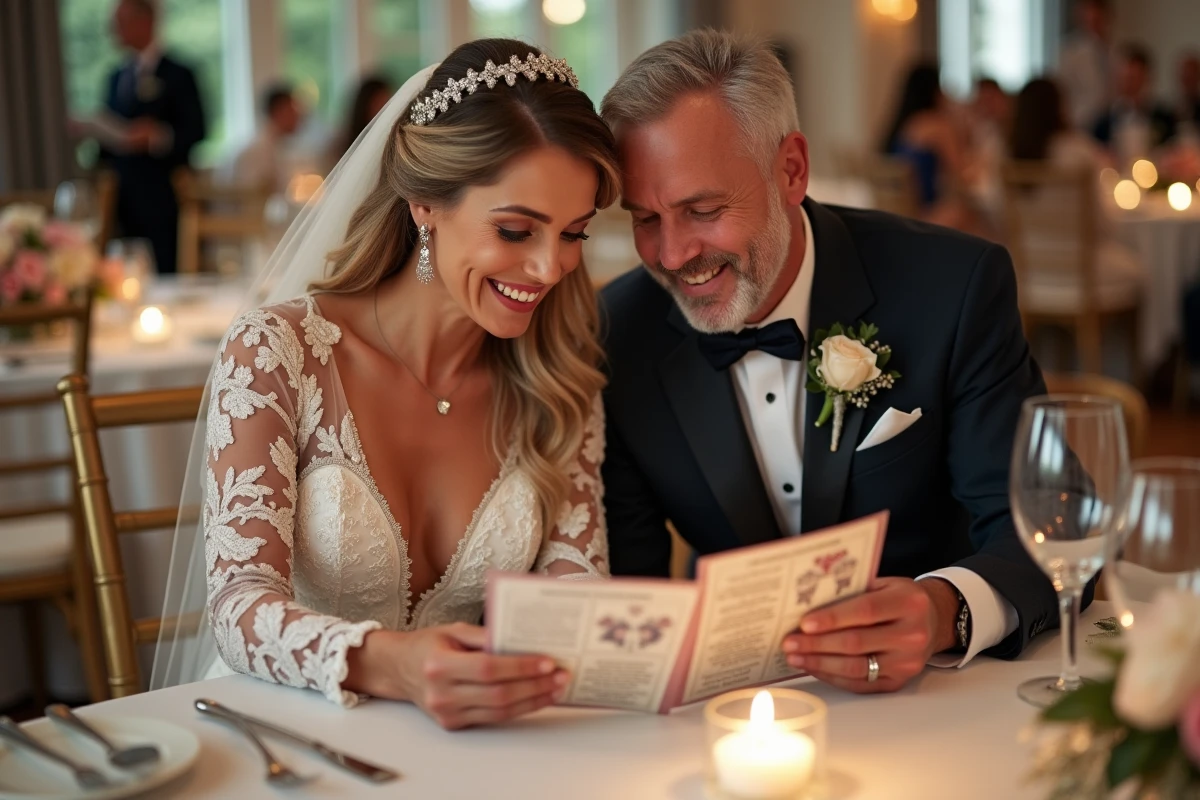 Deux invités de mariage consultant un livret de jeux et animations posé sur une table de réception décorée
