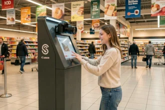 Borne photo en location installée dans un hypermarché Leclerc avec appareil Canon, utilisée par une cliente souriante lors d'une animation commerciale