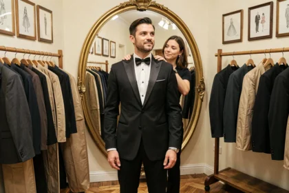 Homme essayant un smoking classique dans une boutique de location de costumes à Paris pour un mariage