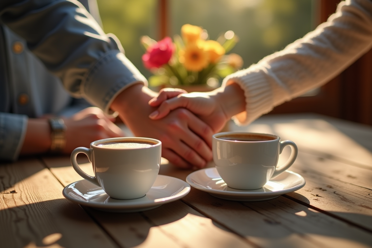 Mains entrelacees sur une table en bois avec café et fleurs