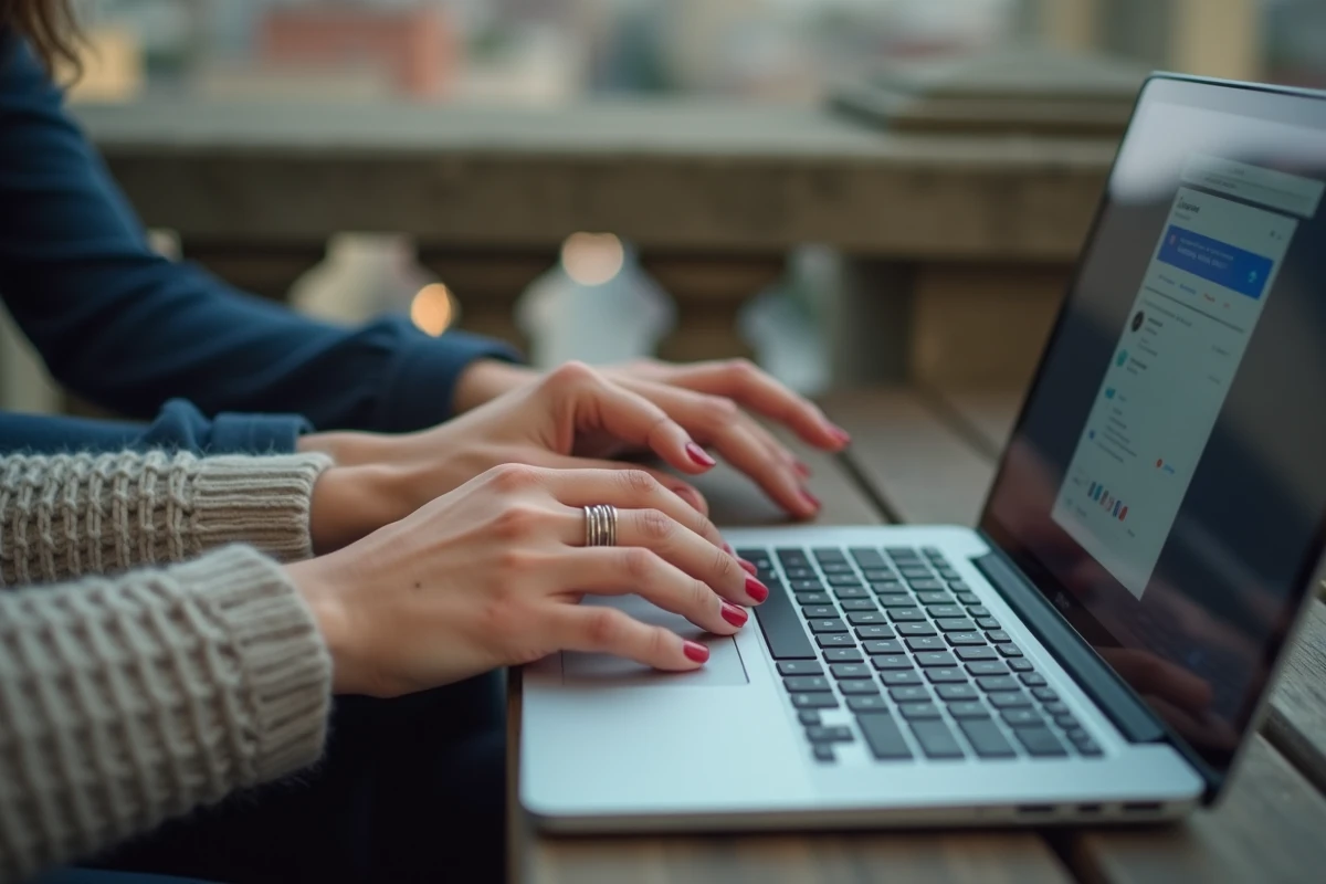 Deux mains entrelacées au-dessus d’un ordinateur portable en extérieur