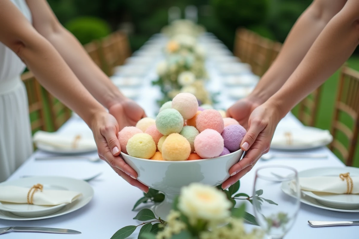 Mains d un couple plaçant dragées sur table de reception
