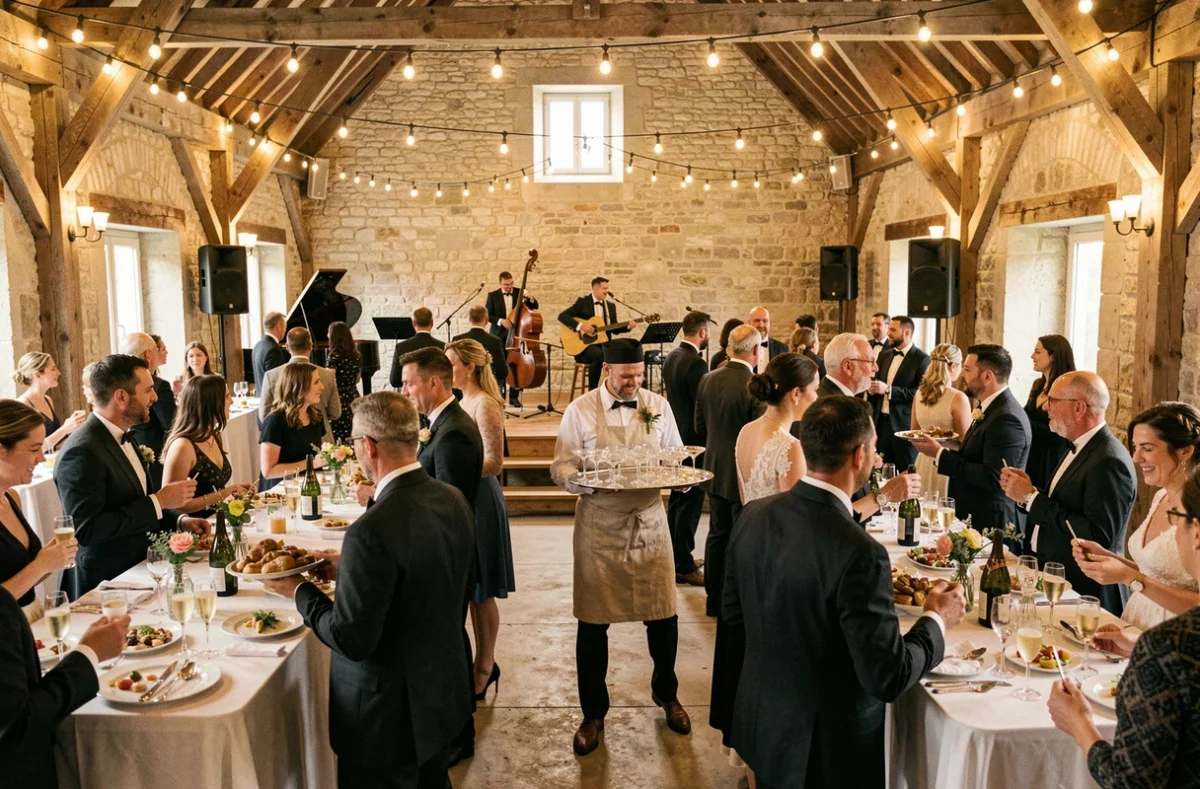 Réception de mariage festive alliant traiteur et musique live dans une grange en pierre girondine avec Maison Music Traiteur