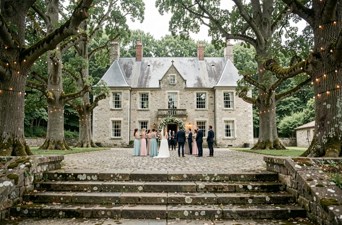 Manoir de Kerangosquer dans le Finistère, domaine de réception pour mariage avec cour pavée et arbres centenaires